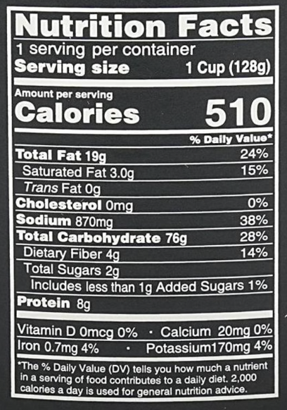 Nutrition facts label for HAIDILAO Cup Rice, Scallop Mushroom Flavor