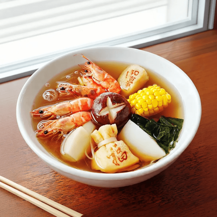White bowl of Japanese oden in clear Kanto broth with shrimp, corn on the cob, shiitake mushroom, fish cakes, kelp, and tofu pouches, chopsticks on a wooden table