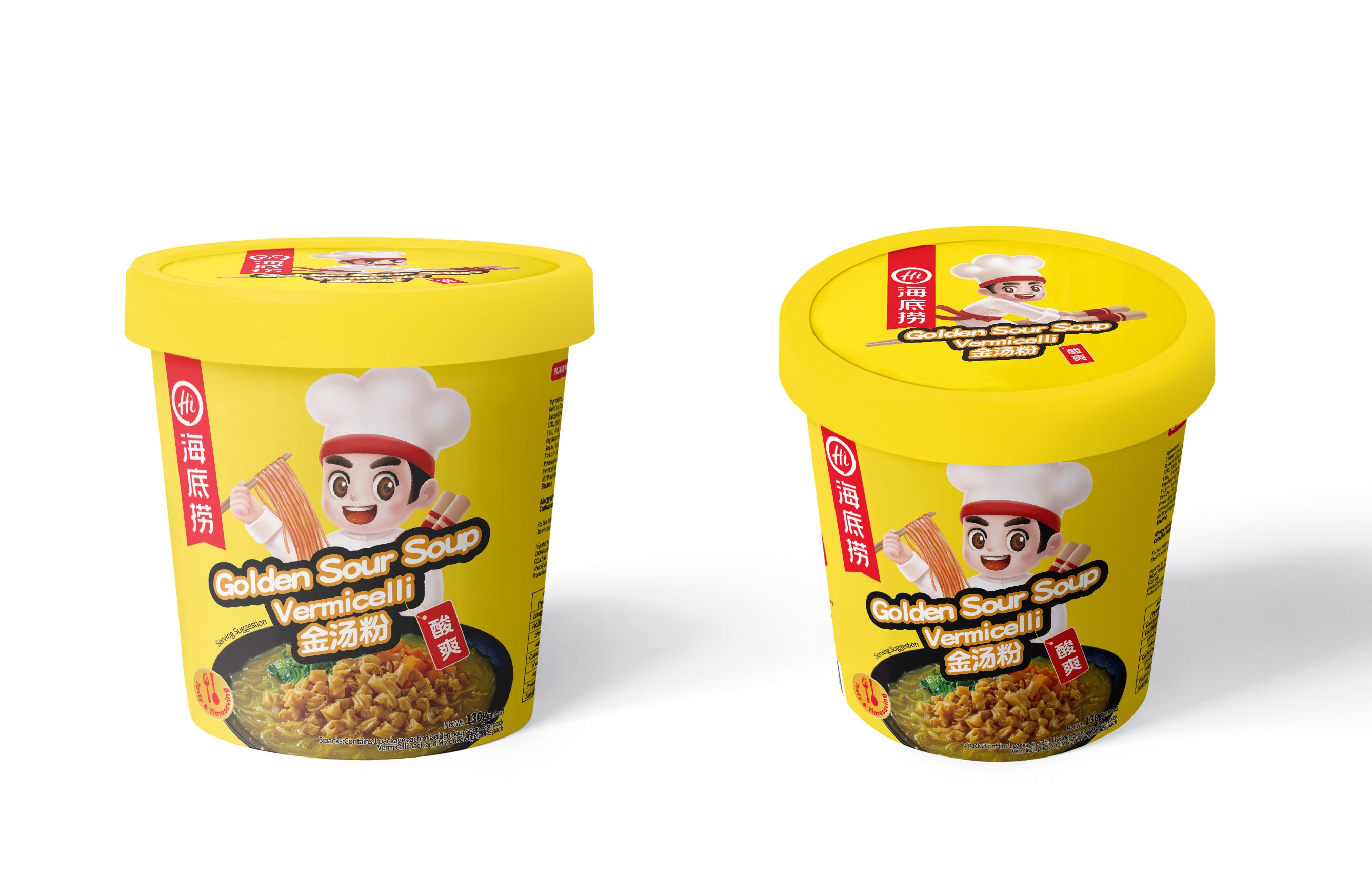 HAIDILAO Golden Sour Soup Vermicelli instant cup noodles, tangy and savory, two cup sizes shown