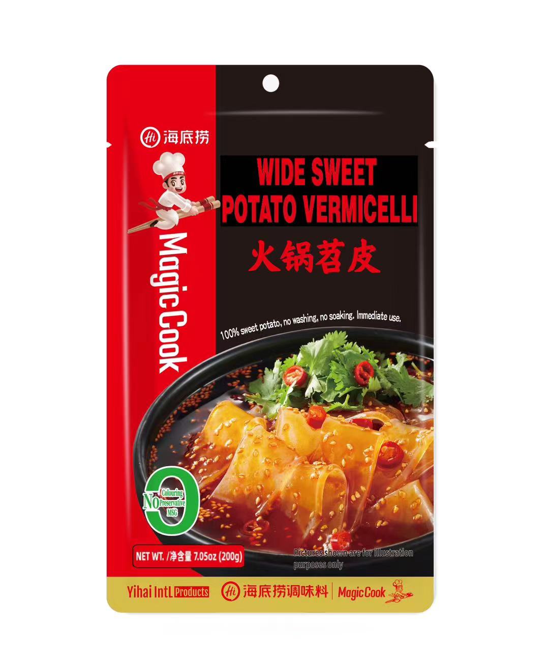 Packaging for Magic Cook Wide Sweet Potato Vermicelli showing the product and a prepared dish on the front.