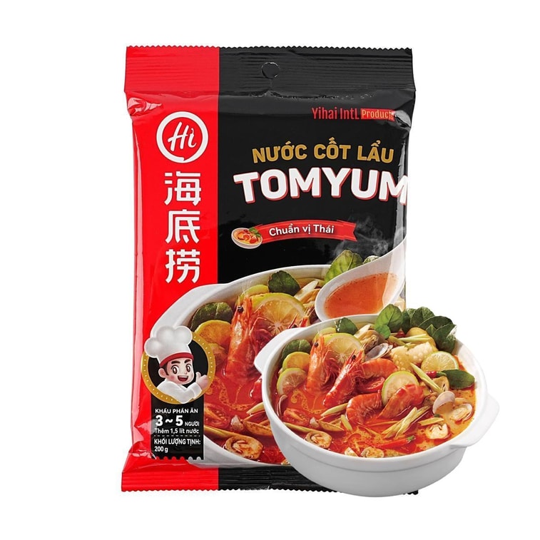 HAIDILAO Tom Yum hot pot soup base package front, Thai-style seasoning packet with Vietnamese market labeling and a bowl of tom yum soup with shrimp