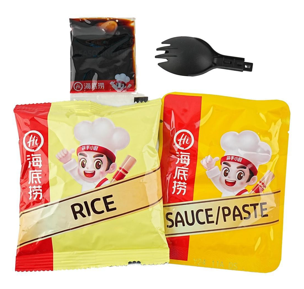 HAIDILAO Cup Rice contents: rice packet, sauce paste packet, and fork spoon