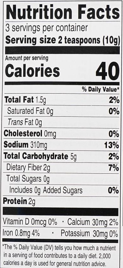 Nutrition facts label for HAIDILAO Mala Seasoning, 1.05oz (30g)