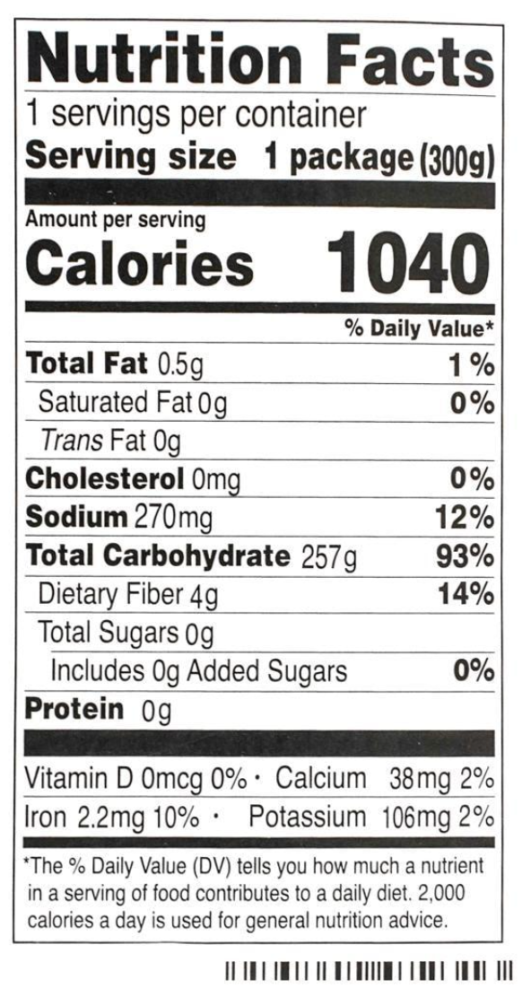 Nutrition facts label for HAIDILAO Magic Cook Hot Pot Glass Vermicelli, 10.58oz (300g)