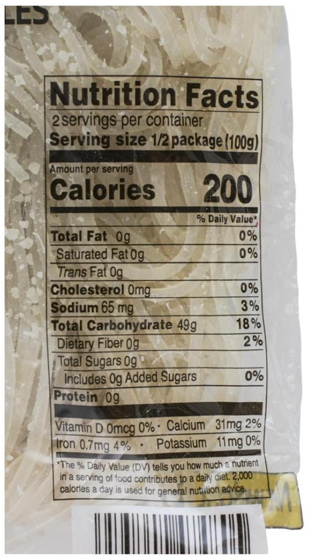 Nutrition facts label for HAIDILAO Magic Cook Sweet Potato Vermicelli, 7.05oz (200g)