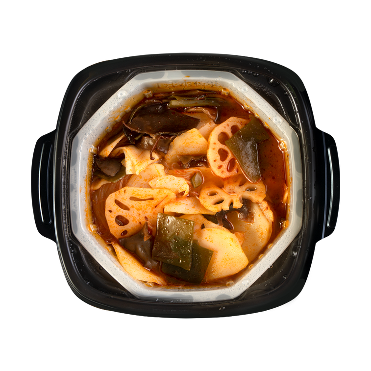 Cooked HAIDILAO Self-Heating Hot Pot with Vegetables, lotus root, wood ear mushroom, and tofu skin in savory broth