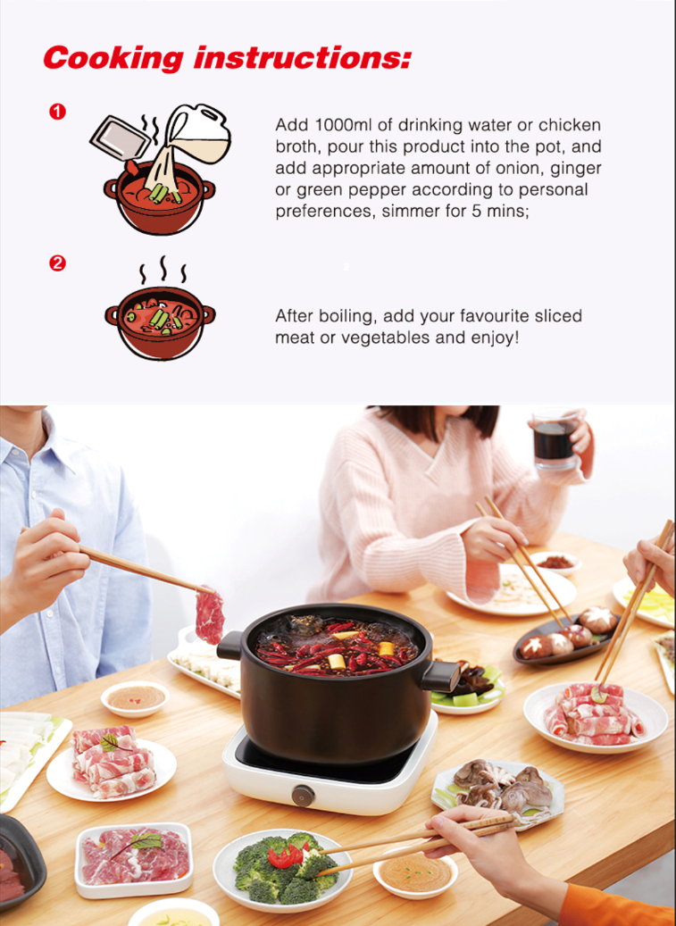 Cooking instructions for HAIDILAO Hot & Spicy Hot Pot Soup Base and friends enjoying hot pot together at a table