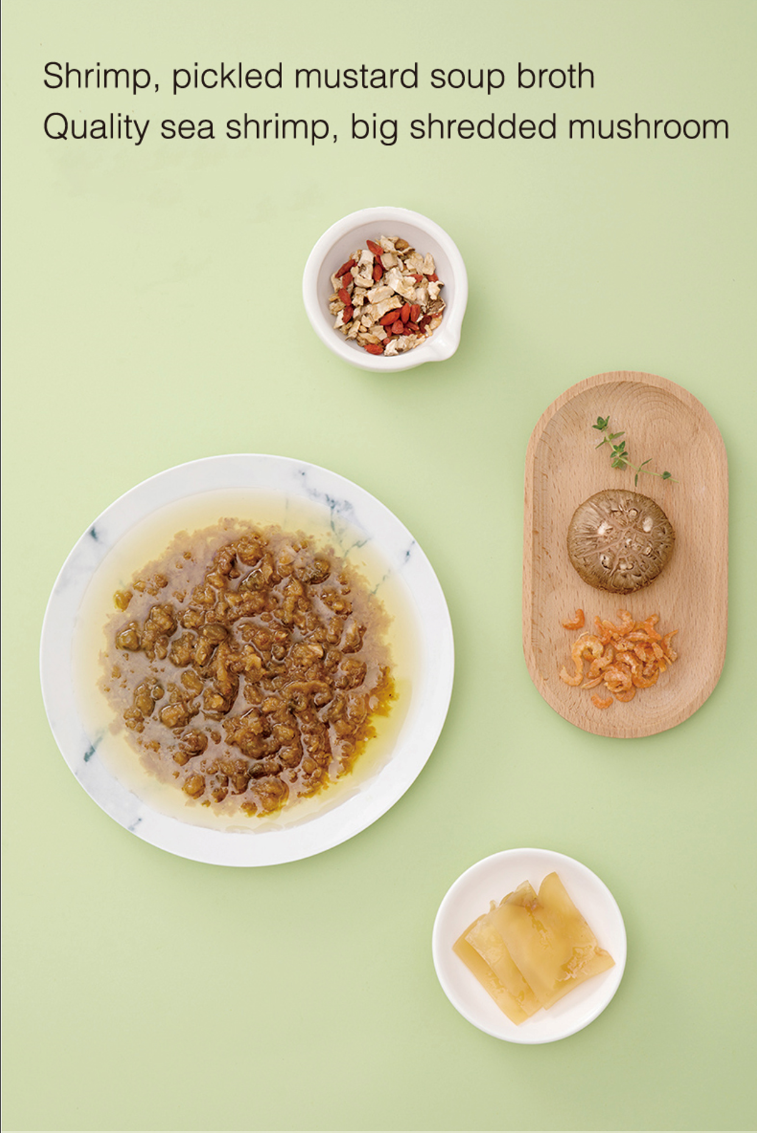 Shrimp, pickled mustard, and dried shrimp ingredients used in HAIDILAO Shrimp Hot Pot Soup Base