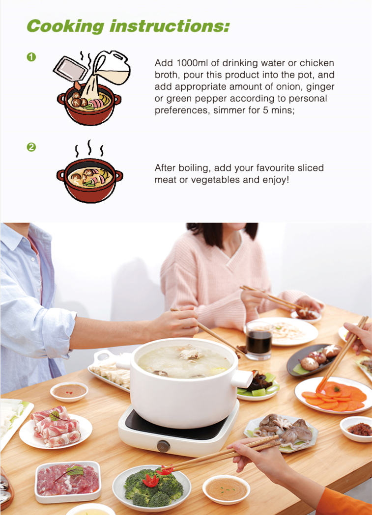 Cooking instructions for HAIDILAO Shrimp Hot Pot Soup Base and friends enjoying hot pot together at a table