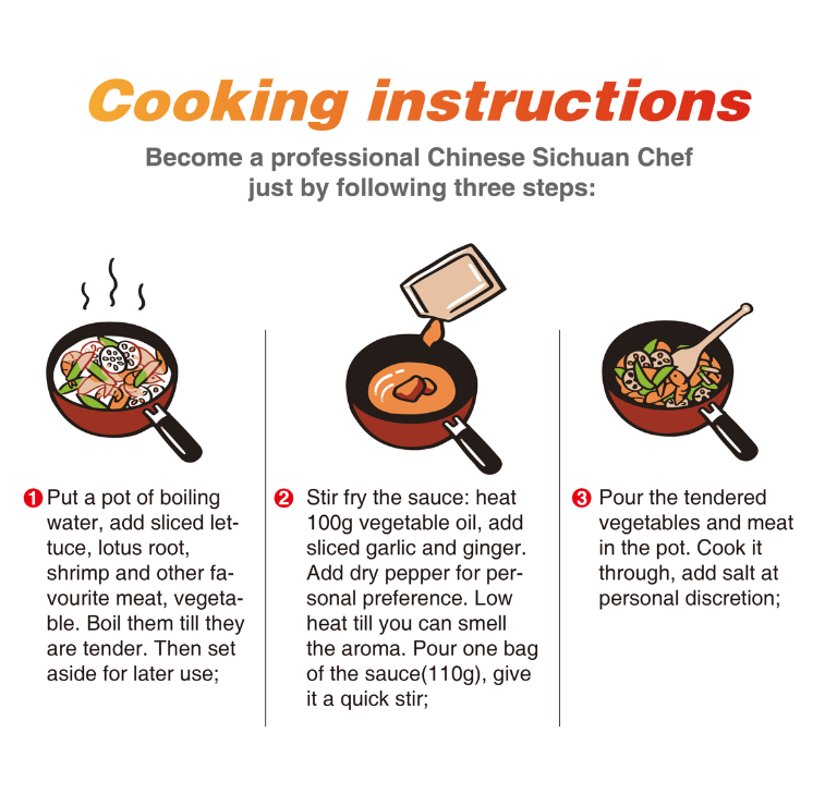Three-step cooking instructions for HAIDILAO Spicy Sauce for Stir-fry: blanch ingredients, stir-fry sauce, combine and cook