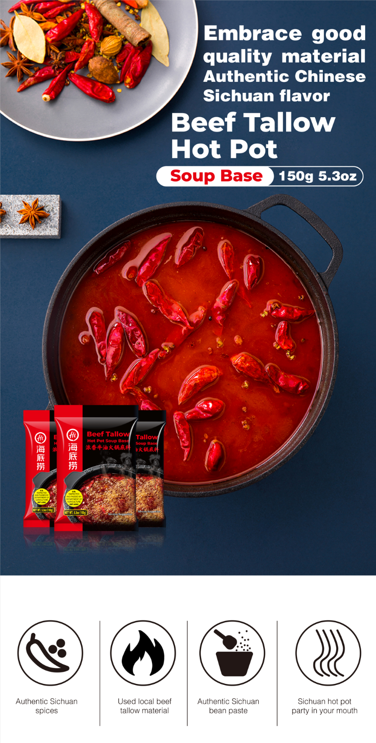 HAIDILAO Beef Tallow Hot Pot Soup Base banner with a bubbling pot of red Sichuan broth