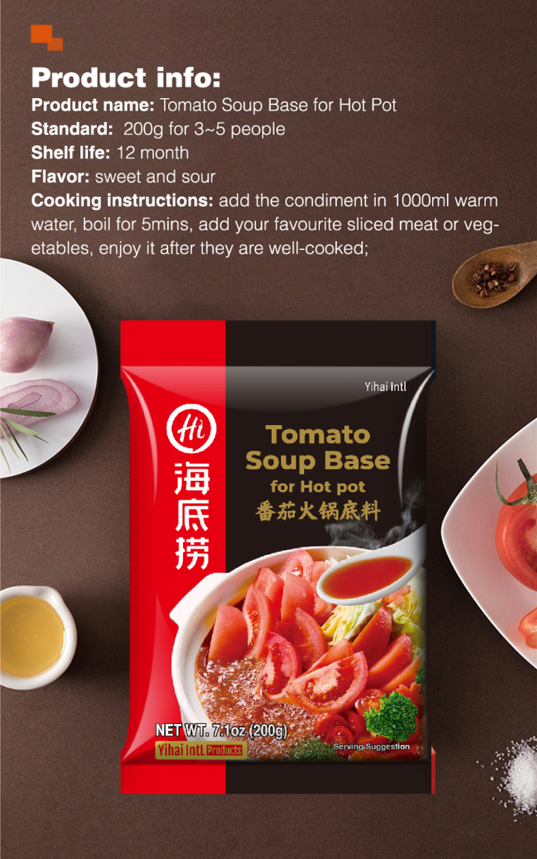 HAIDILAO Tomato Soup Base for Hot Pot product info card: sweet and sour flavor, 200g serves 3-5, cooking instructions